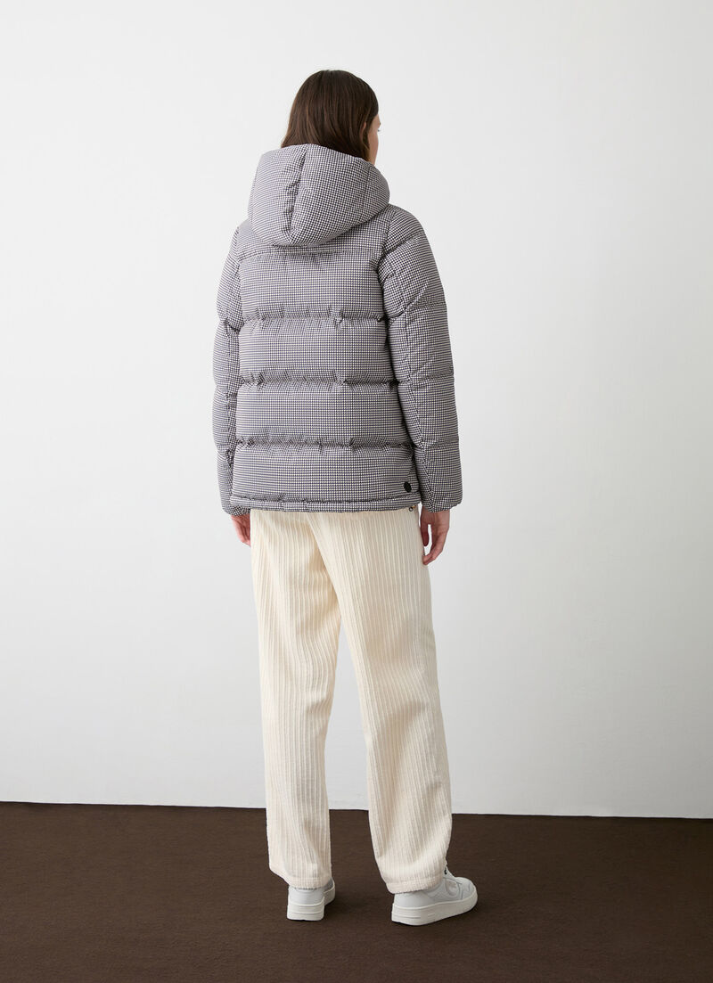 Houndstooth down jacket with maxi-hood
