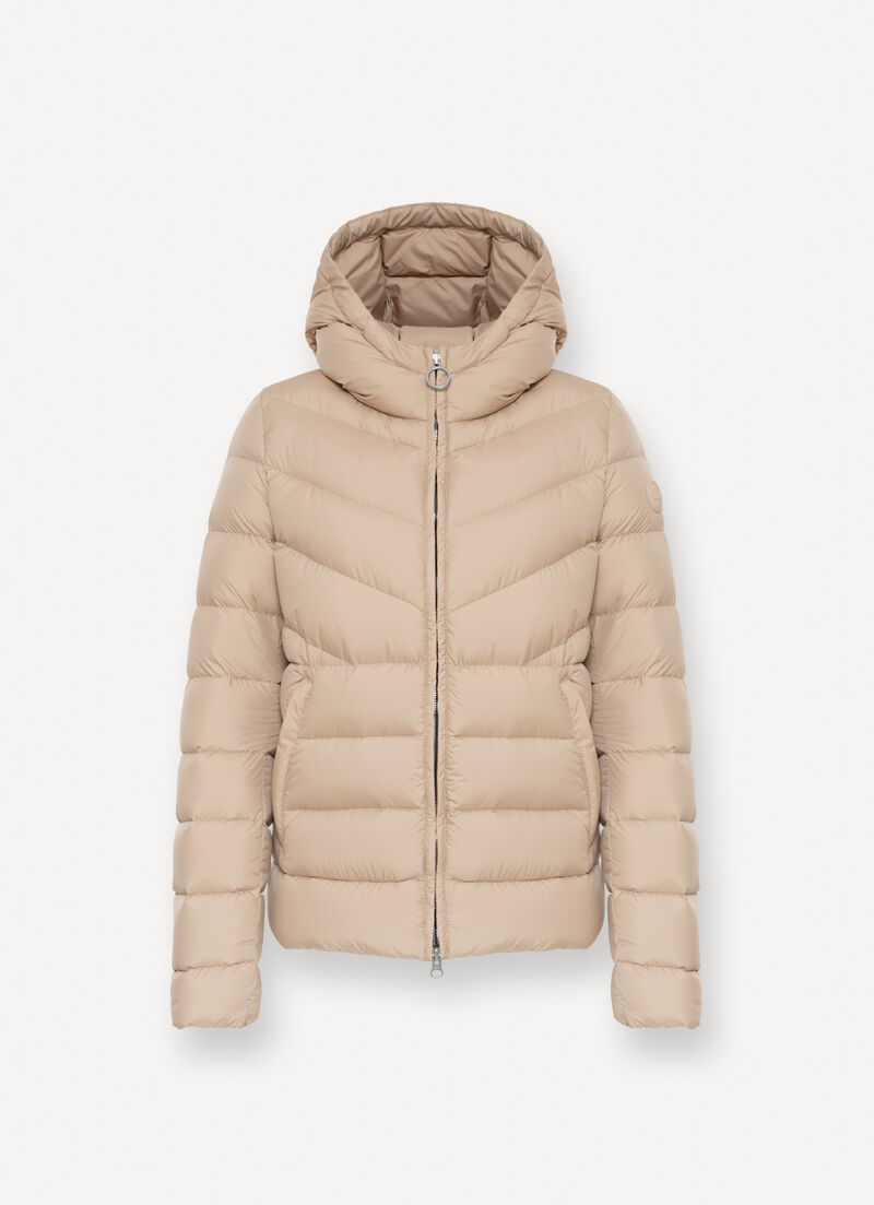 Down jacket with fixed hood in matt fabric