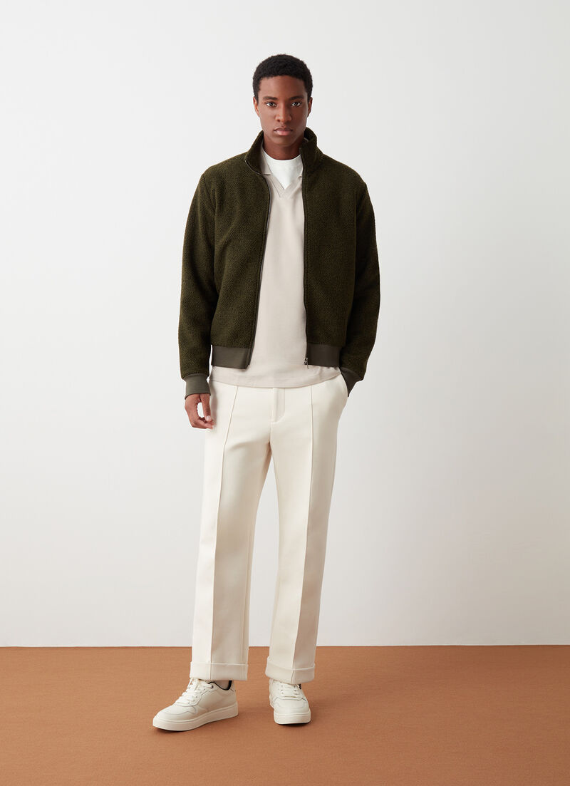 Zip-up wool sweatshirt with knit effect