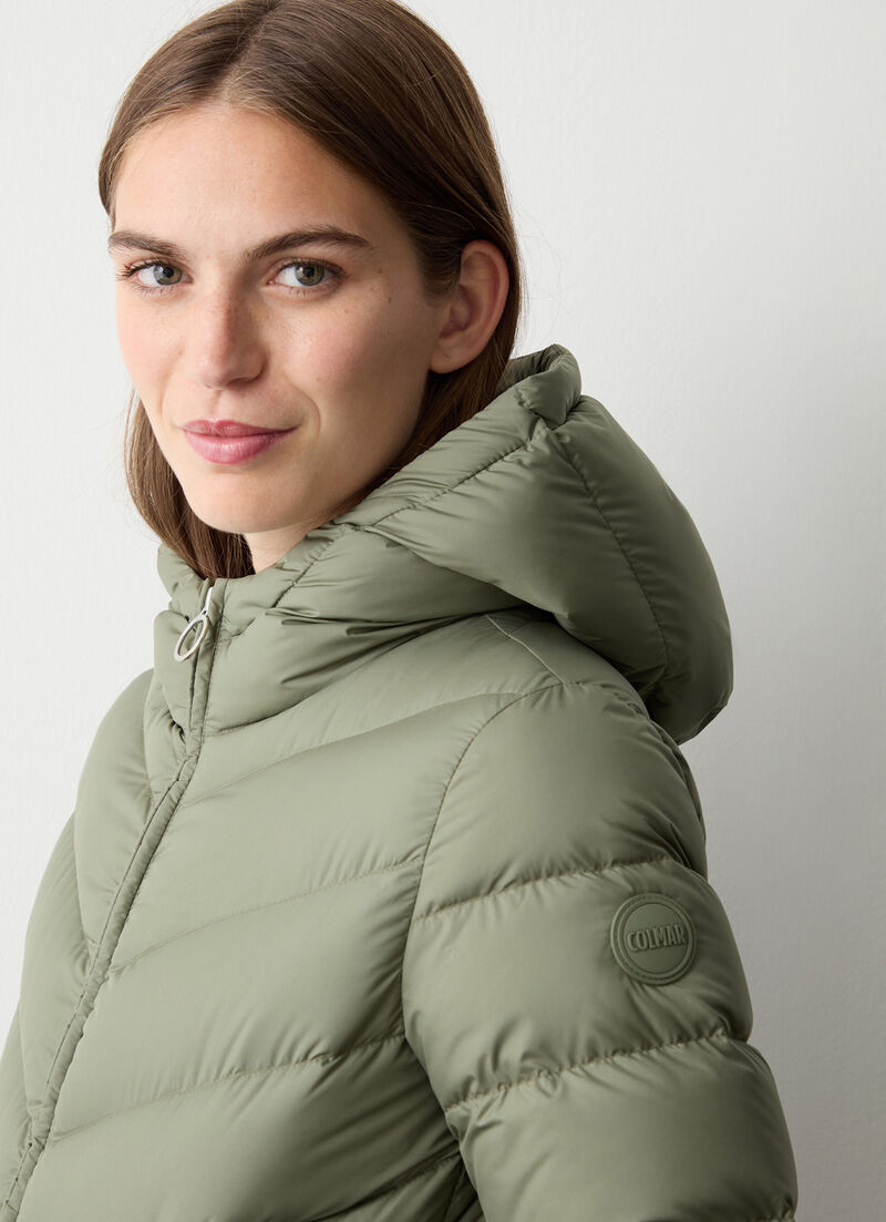 Down jacket with fixed hood in matt fabric