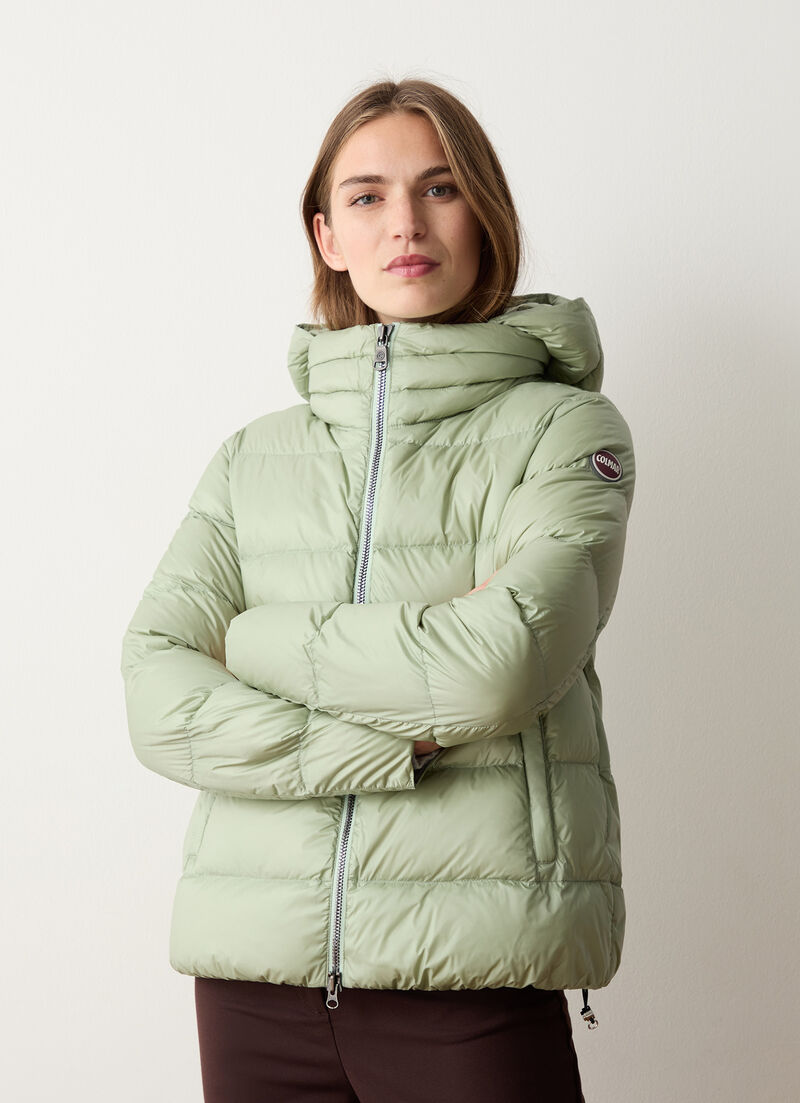 Down jacket with detachable hood and drawstring