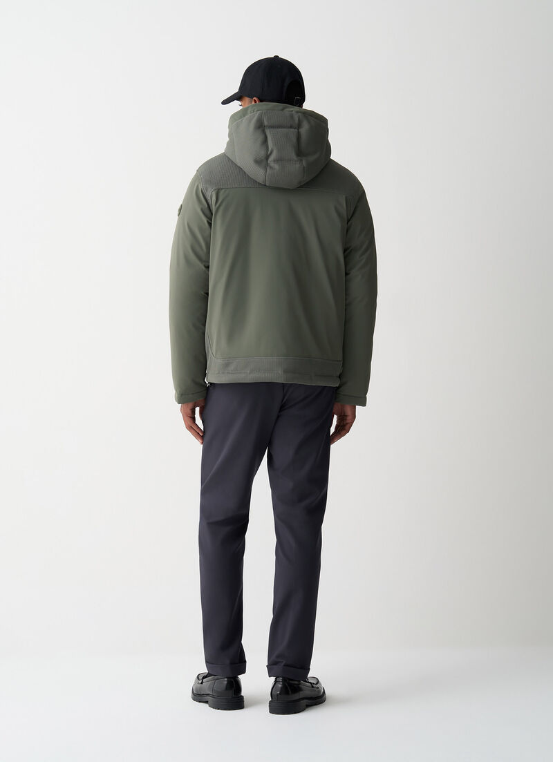 Bi-material hooded down jacket