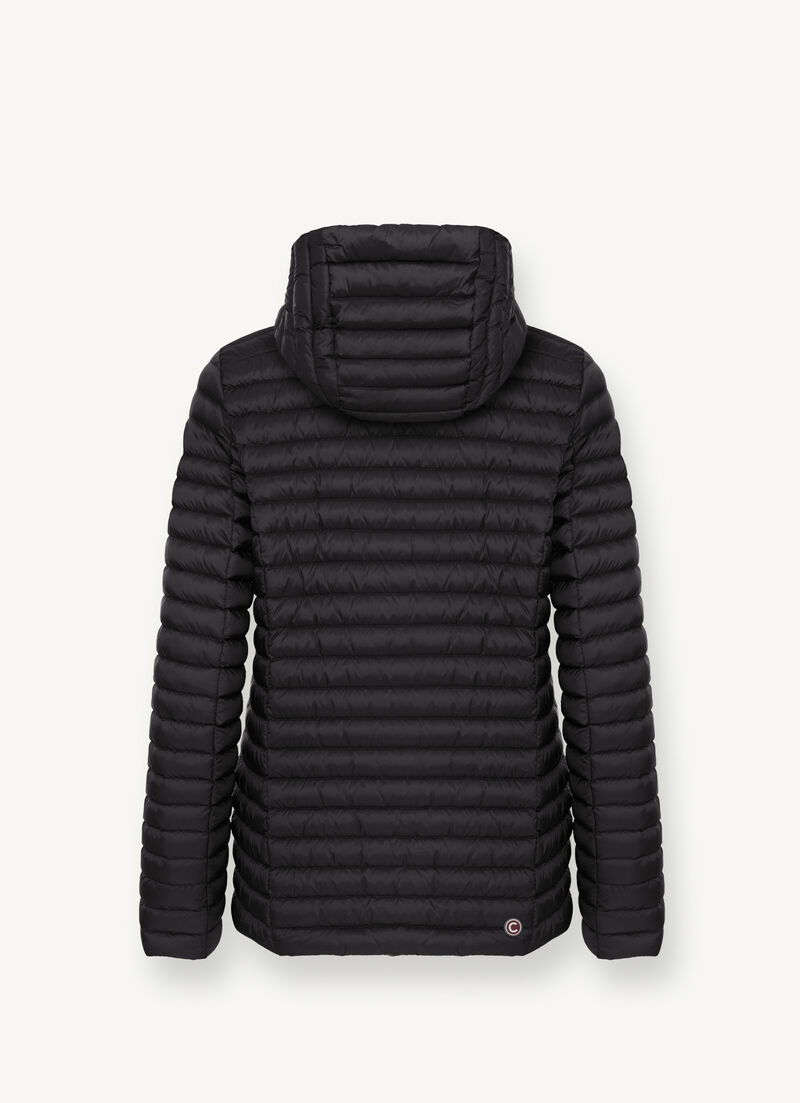 Hooded mid-length down jacket