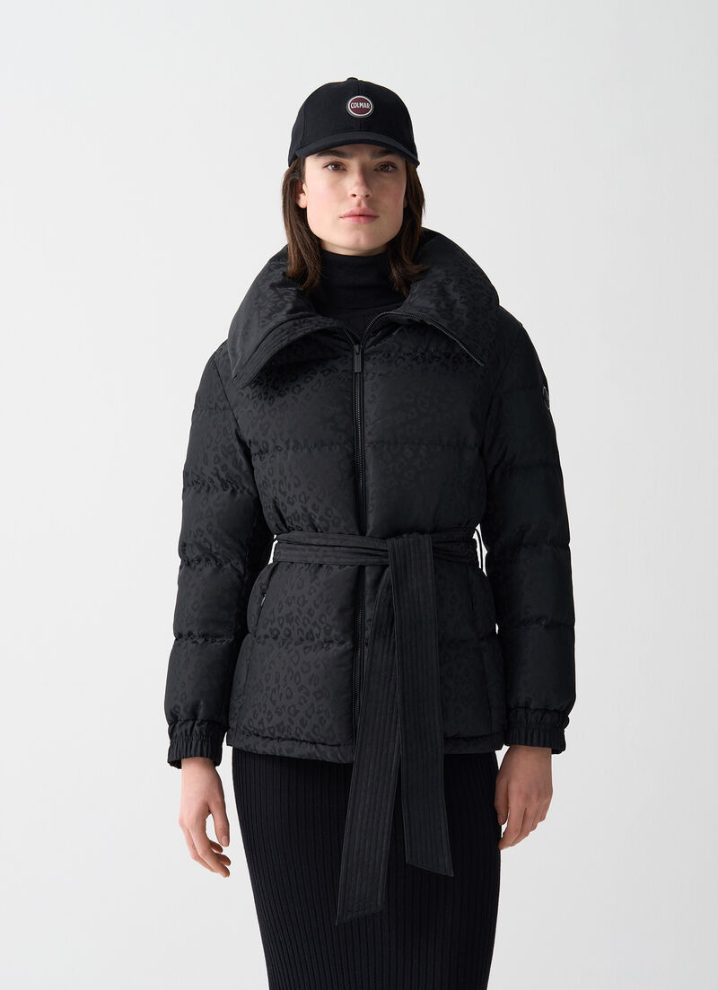 Animal print down jacket with belt