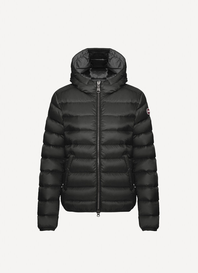 Short down jacket with attached hood