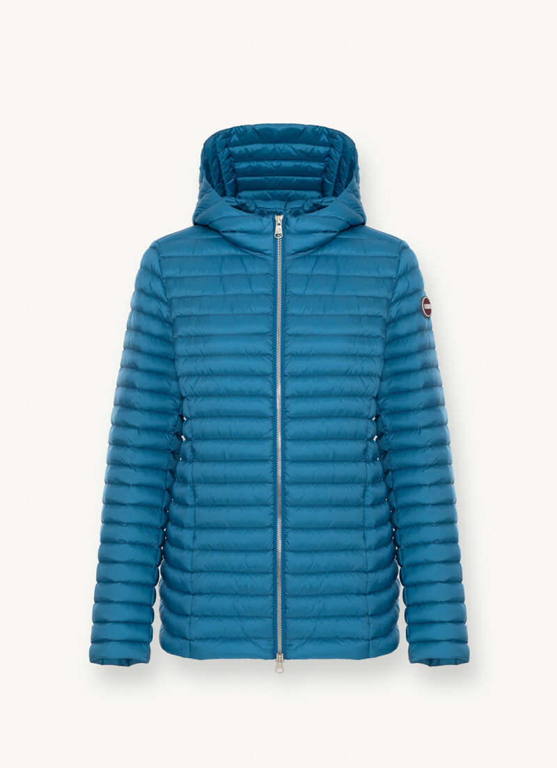 Hooded mid-length down jacket