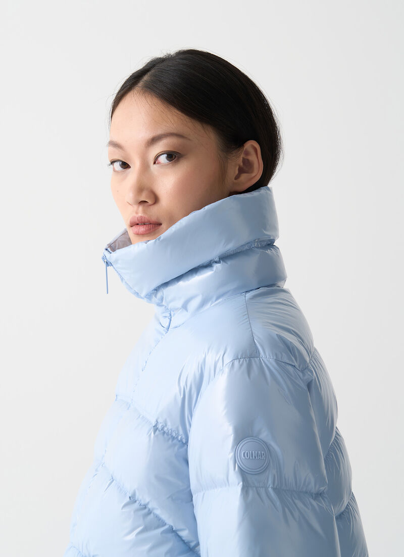 Glossy down jacket with high collar
