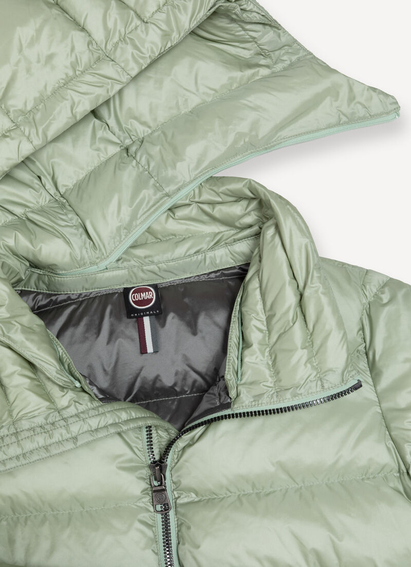 Down jacket with detachable hood and drawstring