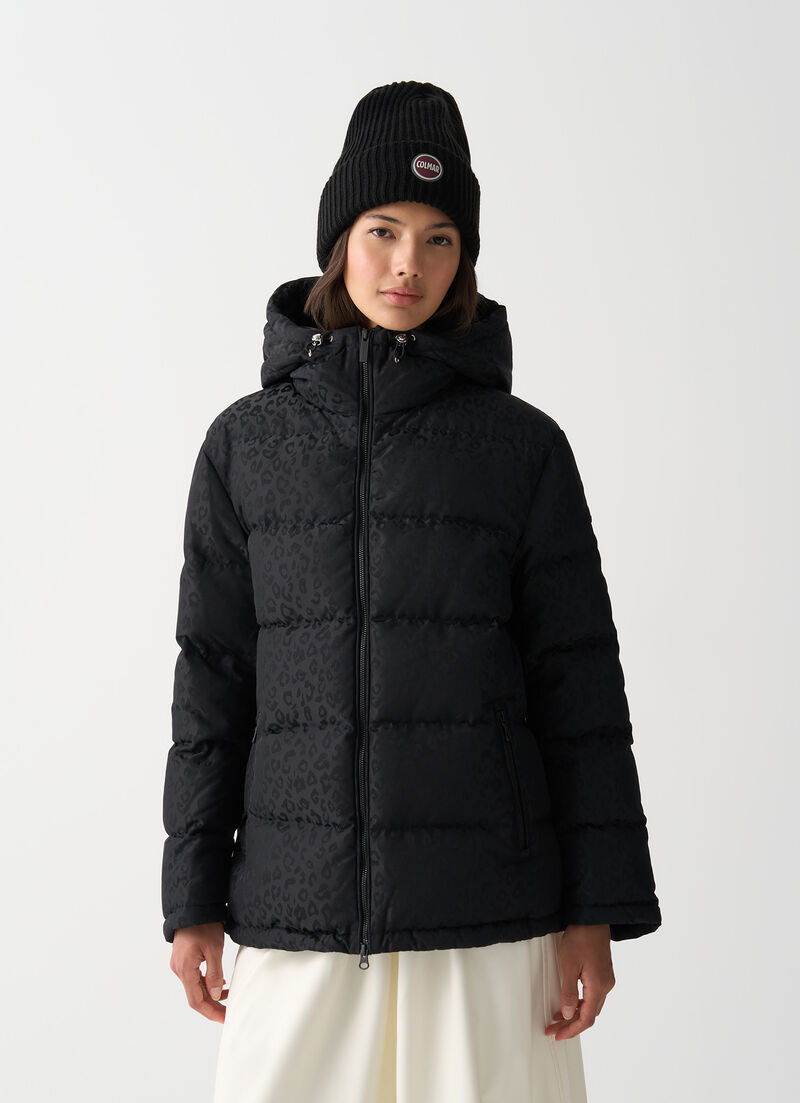Animal-print hooded down jacket