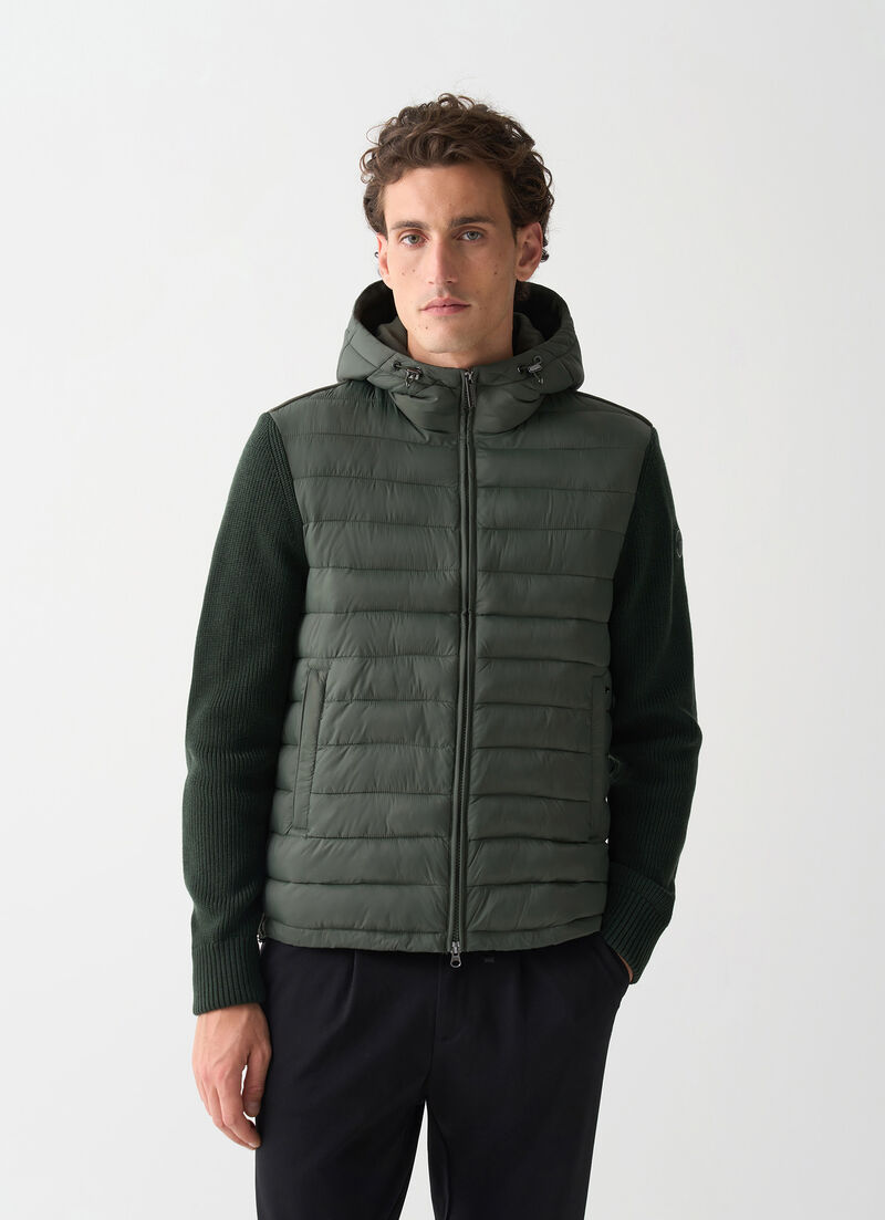 Hooded jacket with knit sleeves