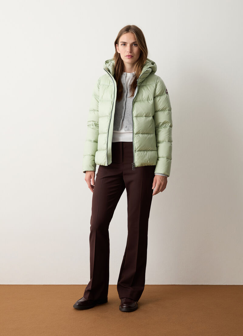 Down jacket with detachable hood and drawstring