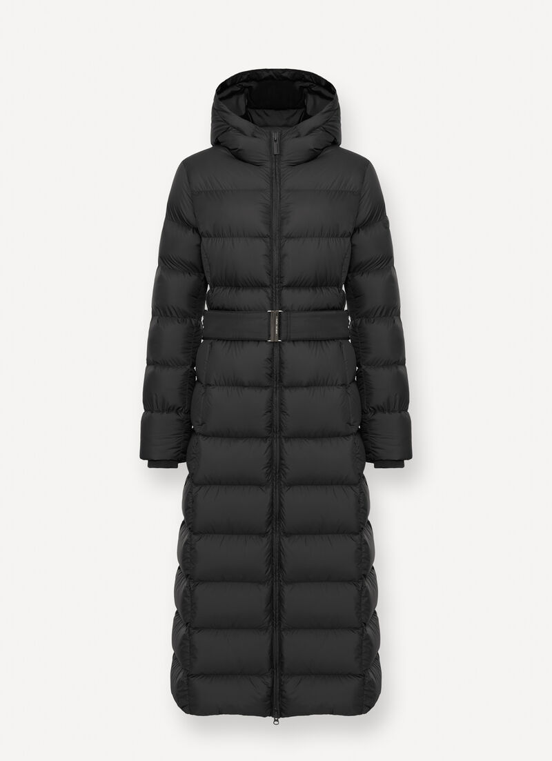 Long matte down jacket with belt