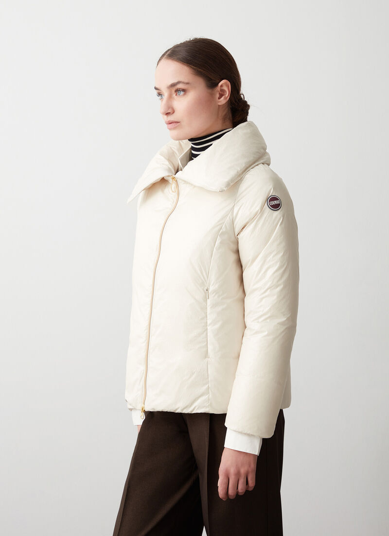 Marbled-effect down jacket with maxi-collar