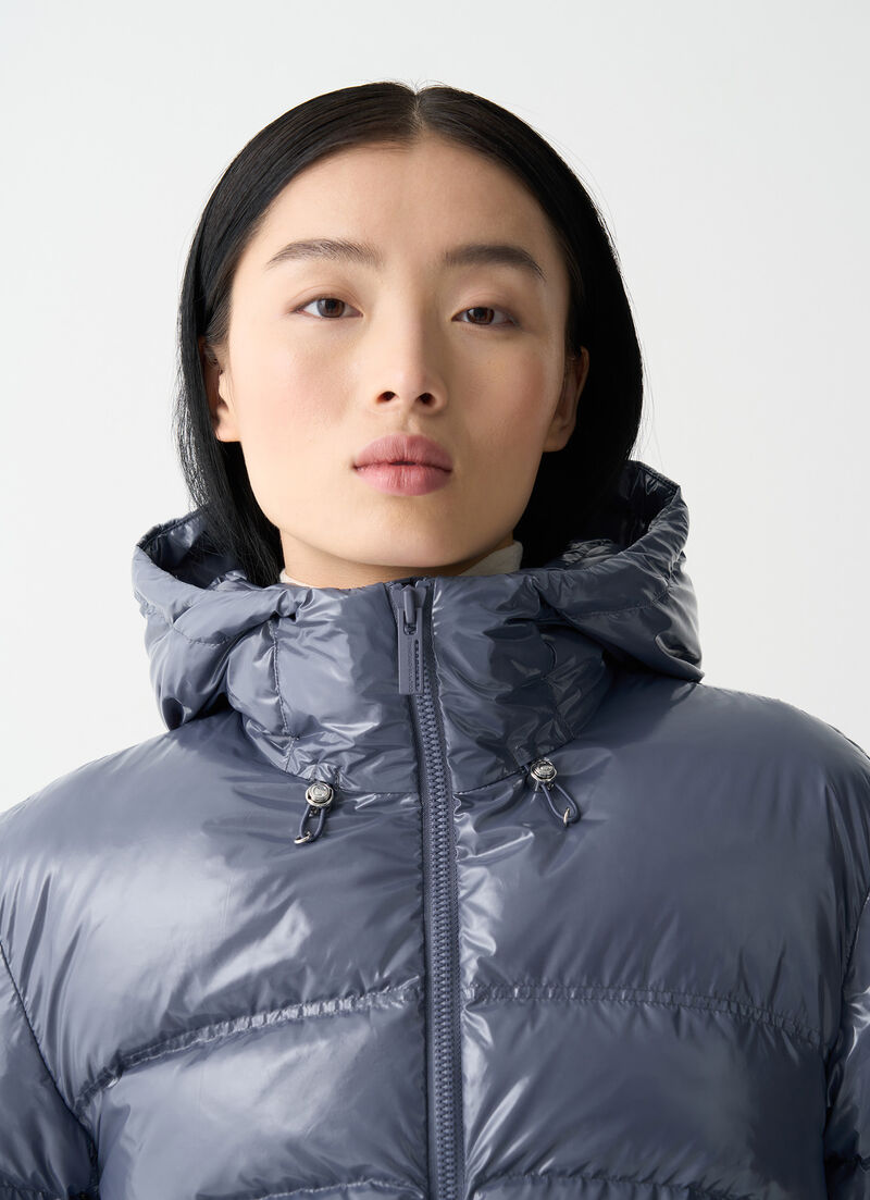 Glossy hooded down jacket with drawstring