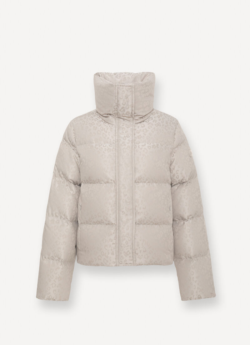 Animal-print down jacket with maxi-collar