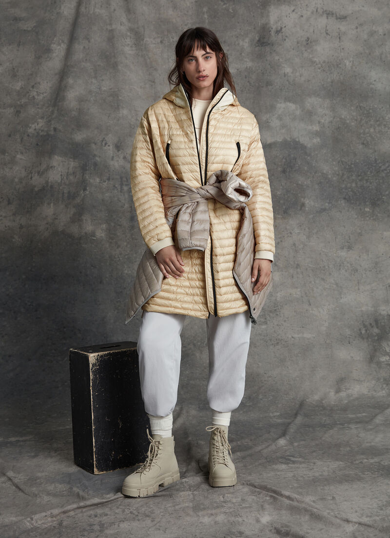 Long quilted recycled fabric jacket