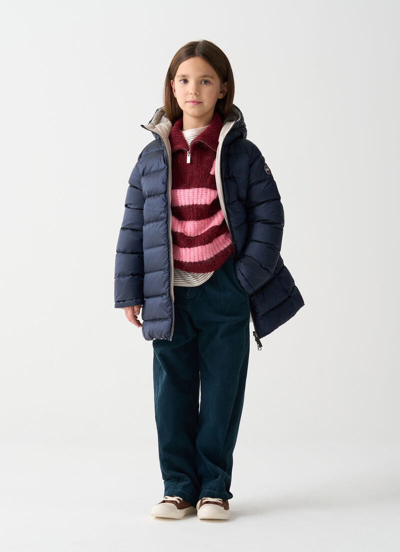 Reversible hooded mid-length down jacket