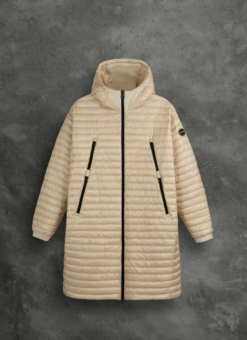 Long quilted recycled fabric jacket