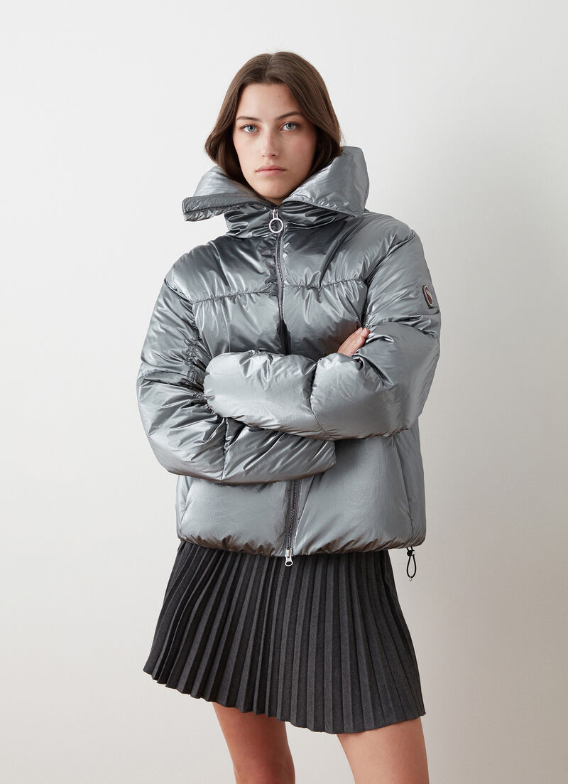 Oversized metallic-effect silver down jacket
