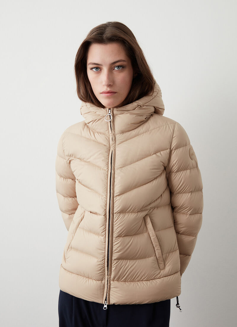 Down jacket with fixed hood in matt fabric