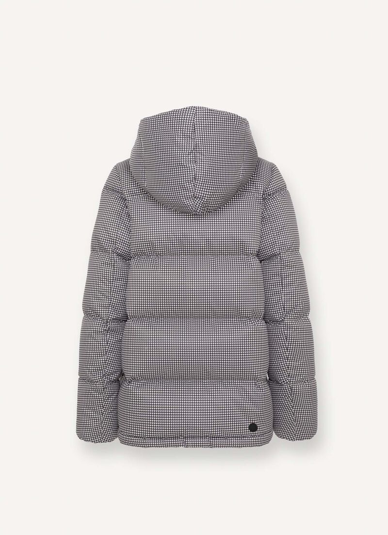 Houndstooth down jacket with maxi-hood