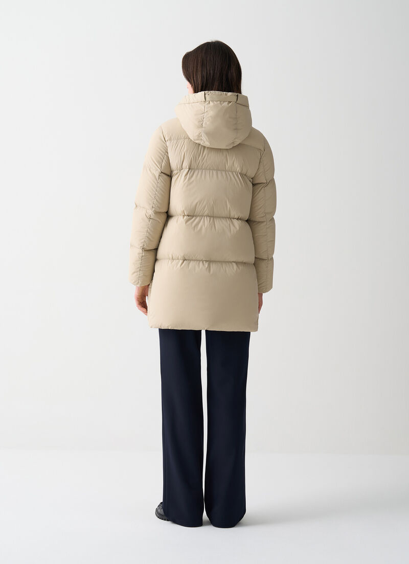 Long stretch down jacket with drawstring