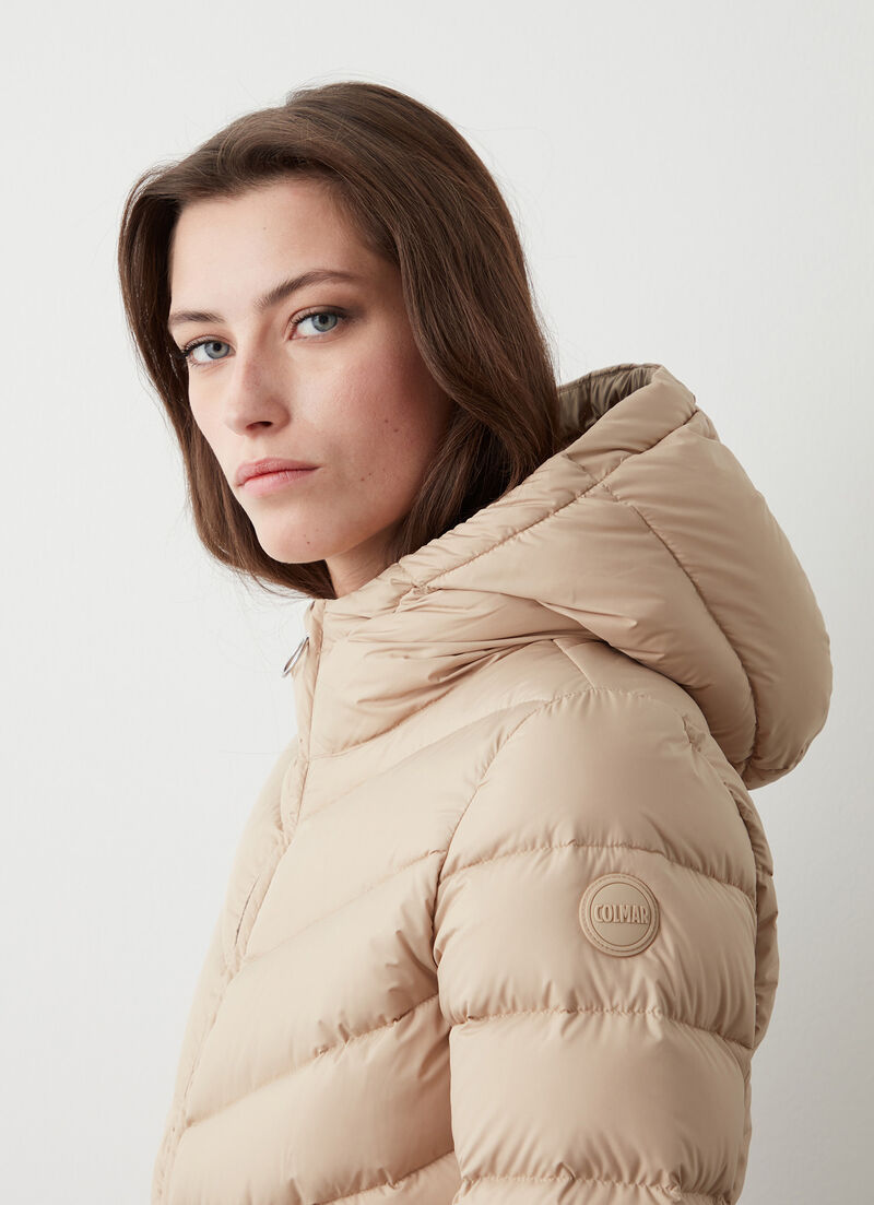 Down jacket with fixed hood in matt fabric