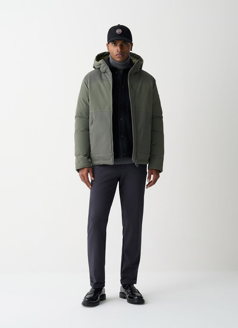 Bi-material hooded down jacket