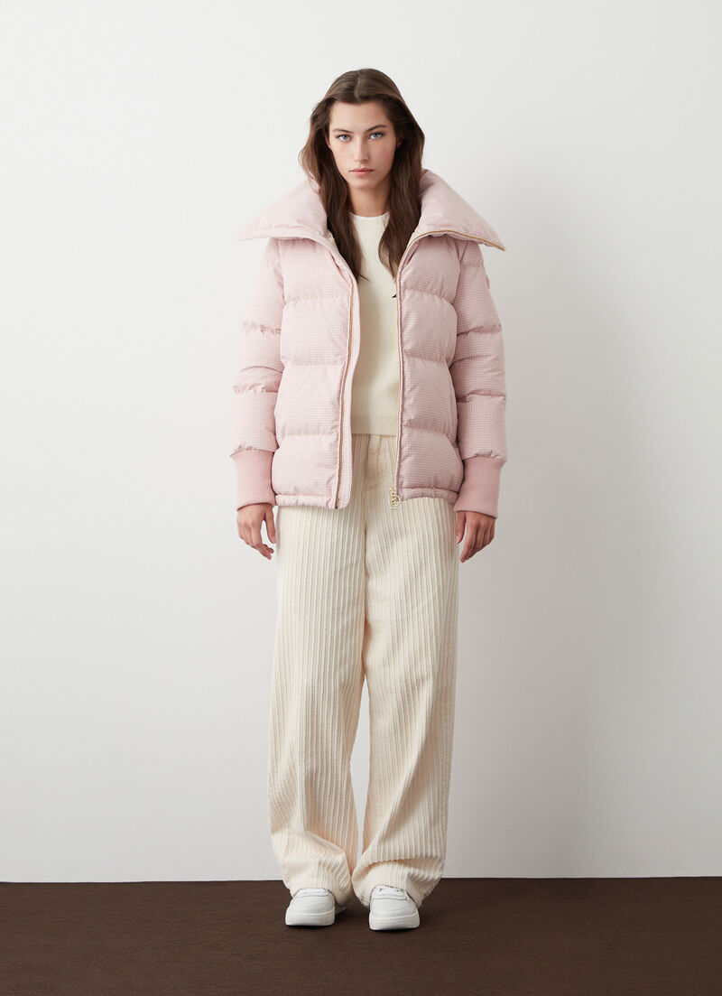 Houndstooth down jacket with knit cuffs