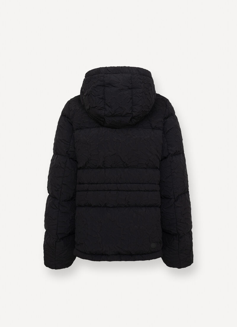 Short down jacket with 3D floral design and drawstring