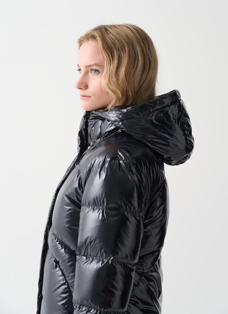 Glossy hooded down jacket