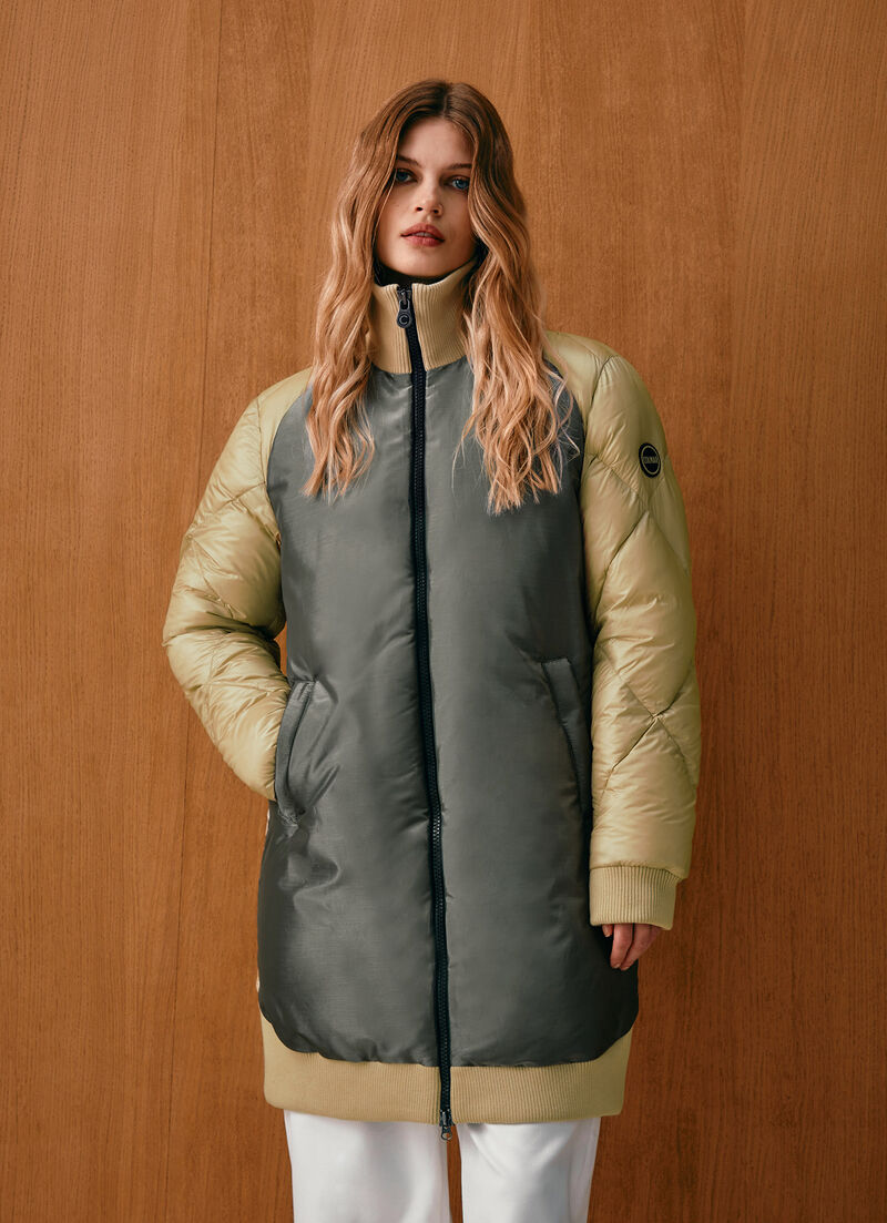 Long colour-block bomber jacket with diamond design