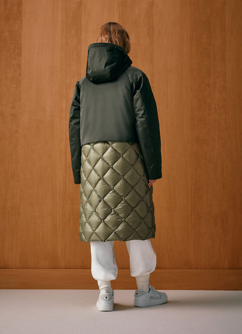 Colour-block down-padded maxi-jacket