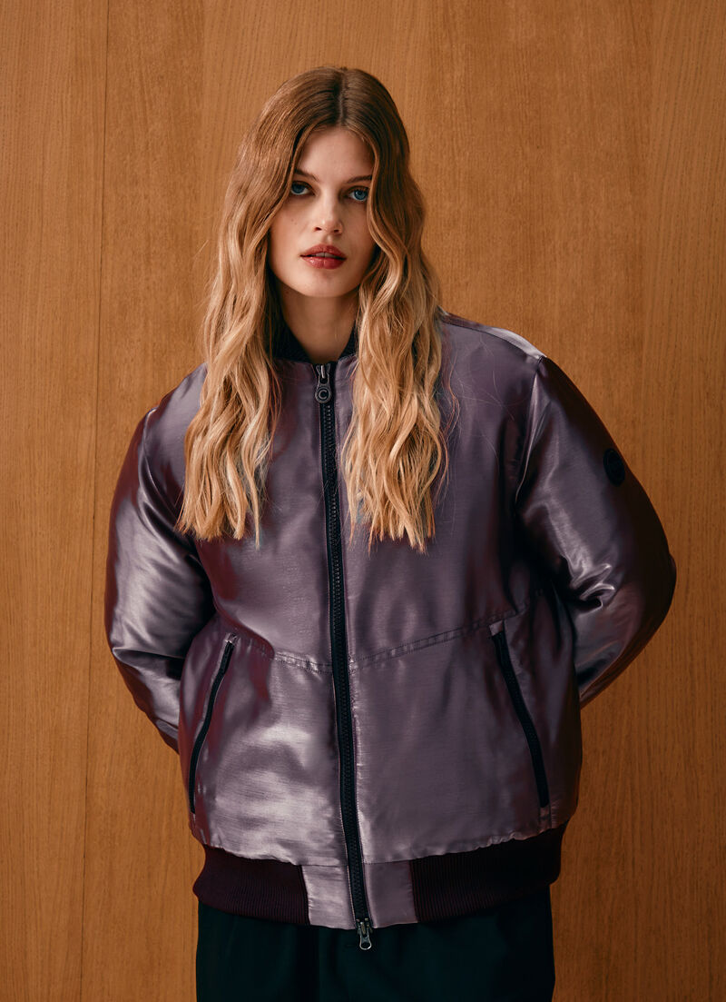 Iridescent satin bomber jacket