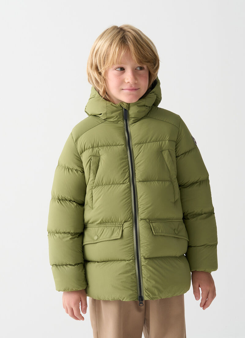 Down jacket with hood and multiple pockets
