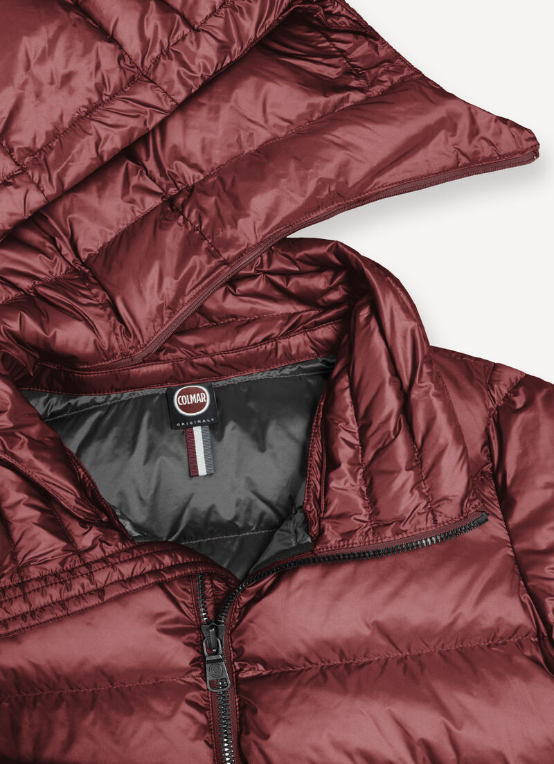 Down jacket with detachable hood and drawstring