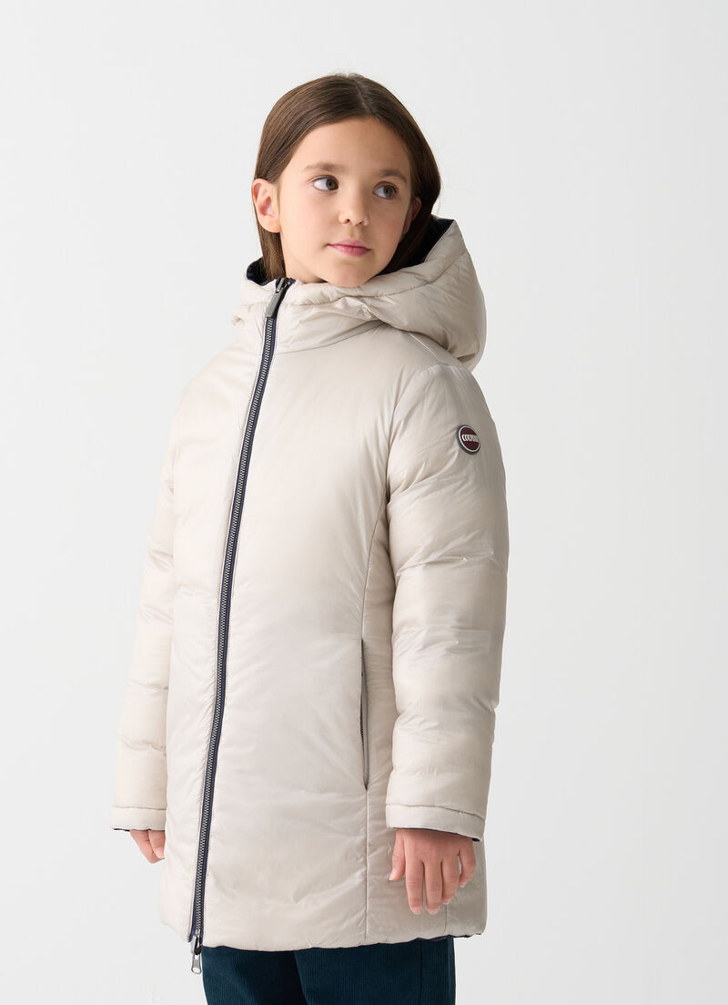 Reversible hooded mid-length down jacket