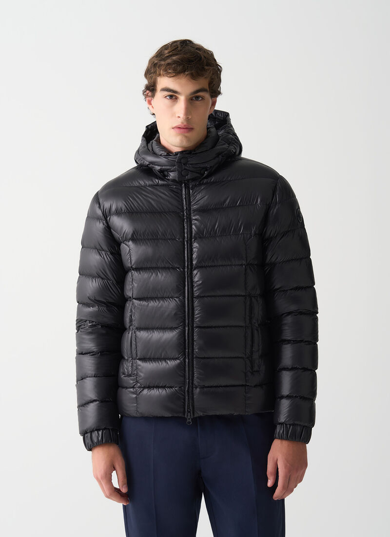 Shiny down jacket with detachable hood