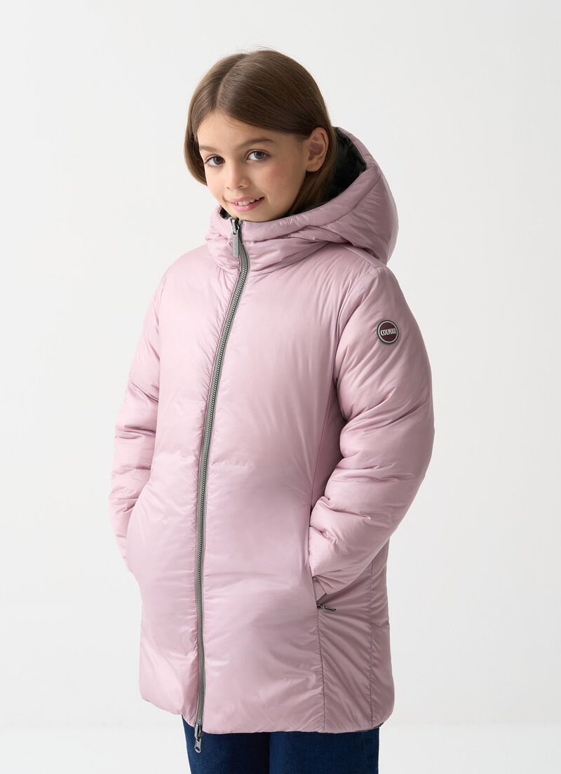 Reversible hooded mid-length down jacket