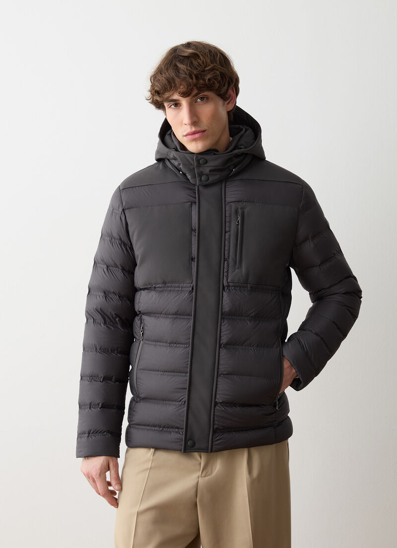 Down jacket with detachable hood and neoprene