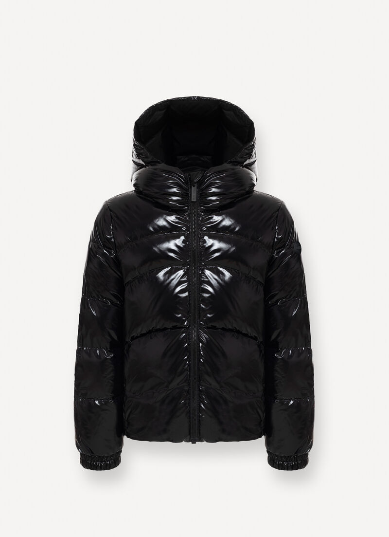 Glossy hooded down jacket