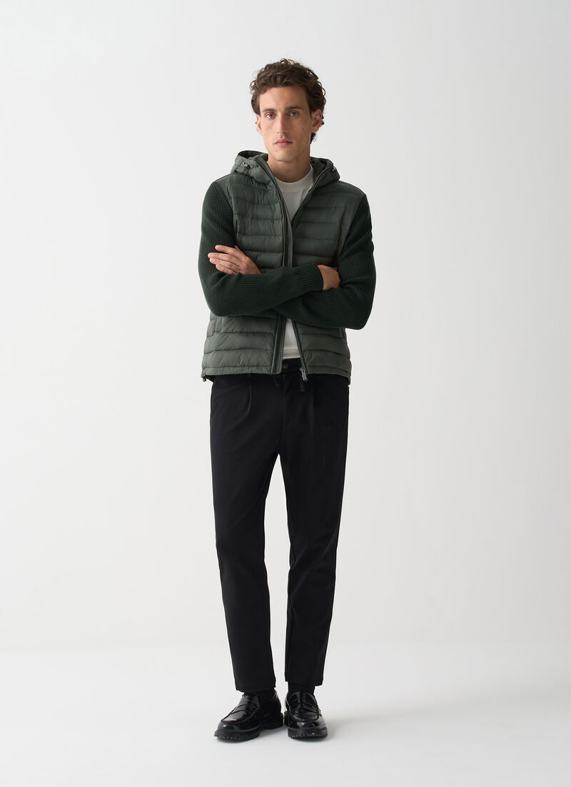 Hooded jacket with knit sleeves