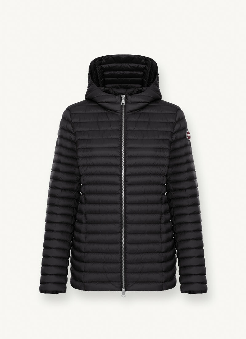 Hooded mid-length down jacket