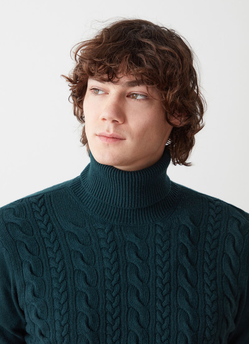 Wool cable-knit polo-neck