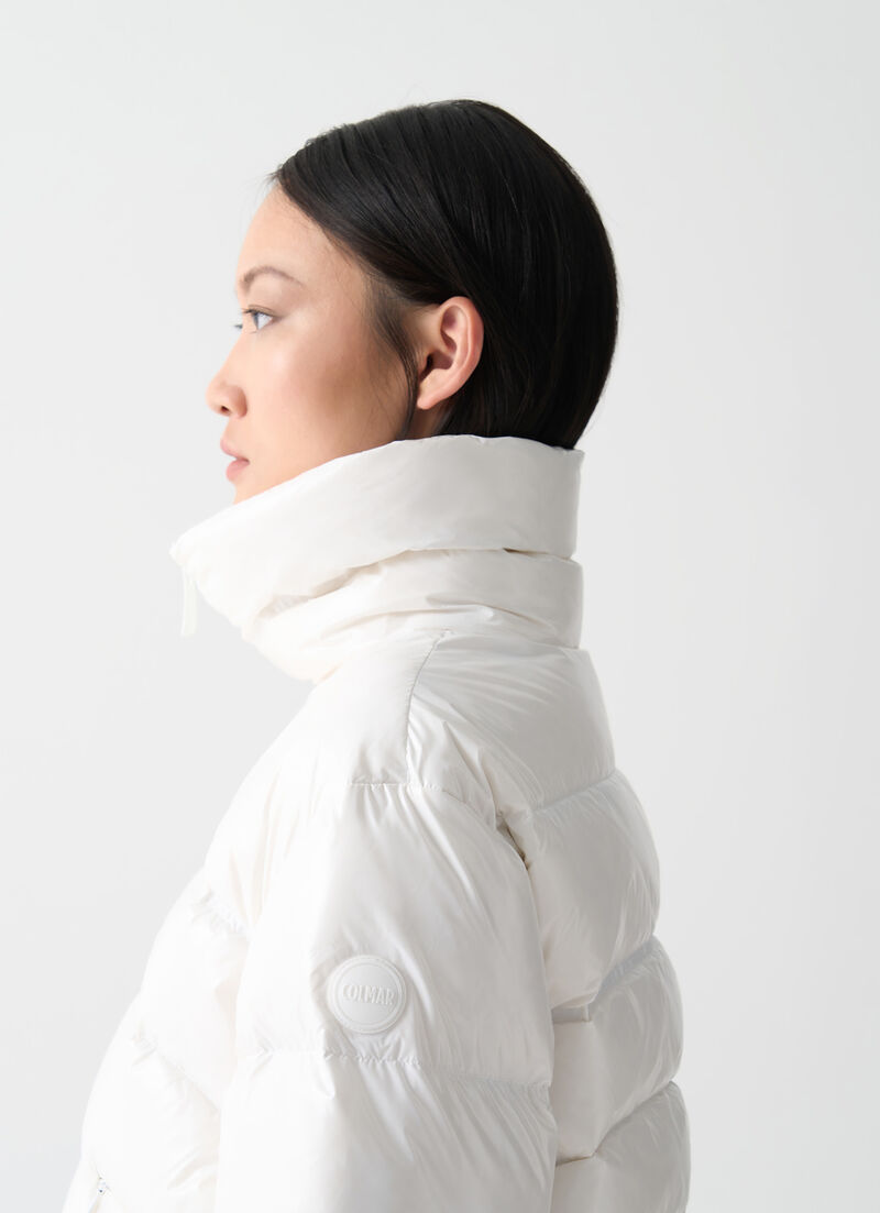 Glossy down jacket with high collar