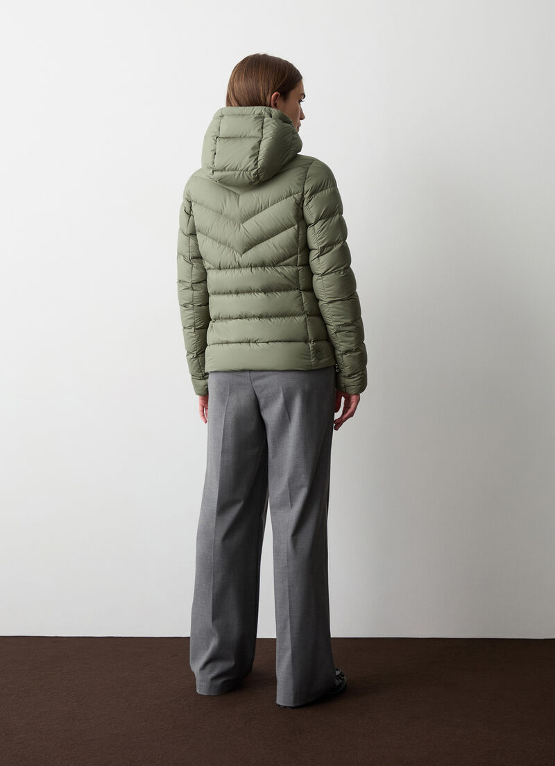 Down jacket with fixed hood in matt fabric
