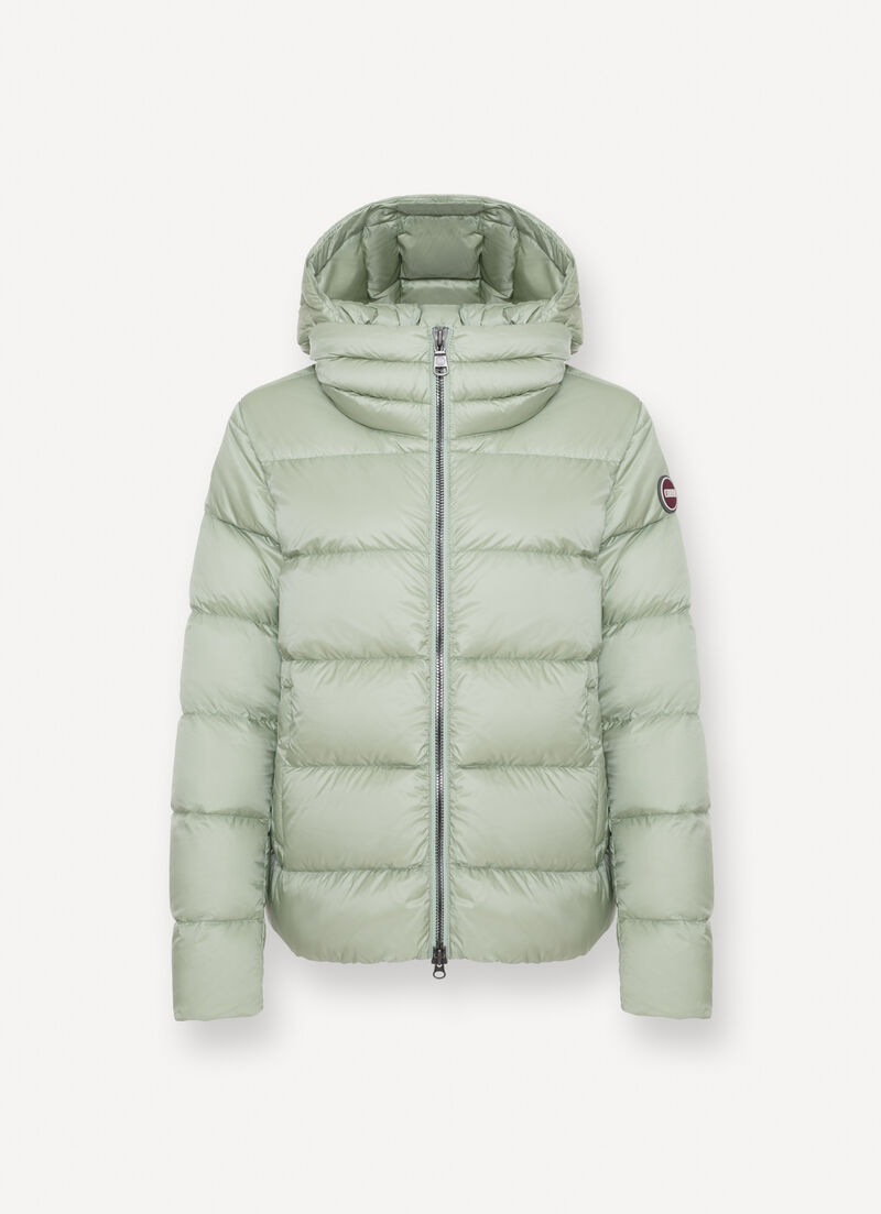 Down jacket with detachable hood and drawstring