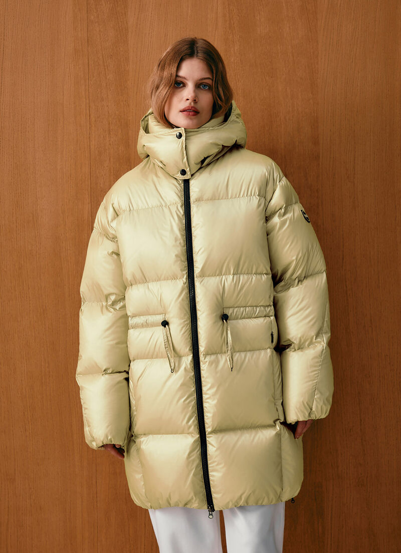 Maxi down jacket with drawstring waist