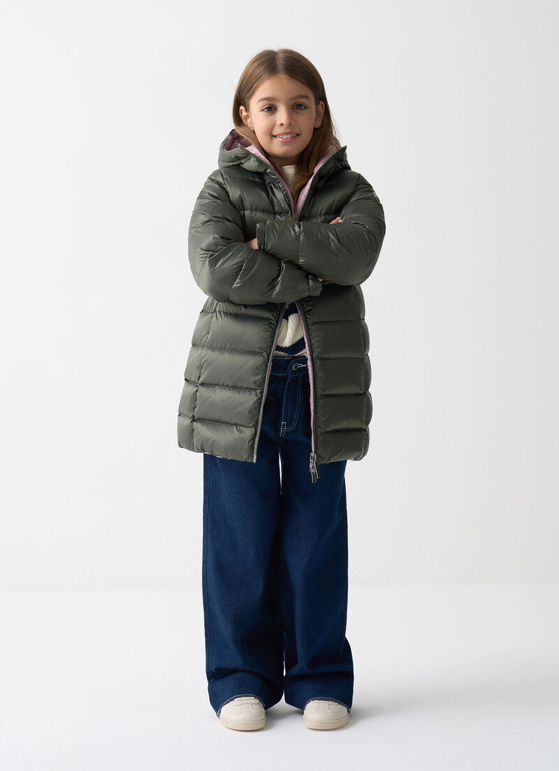 Reversible hooded mid-length down jacket