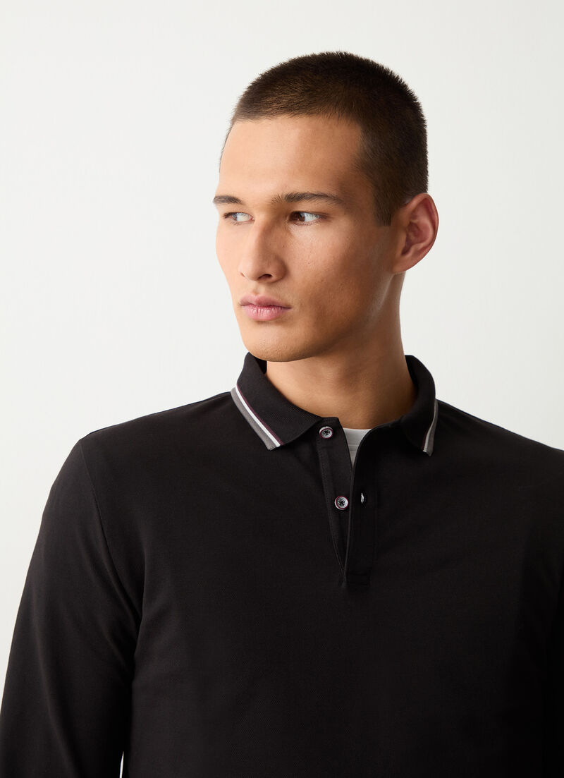 Long-sleeved polo shirt in stretch piqué
